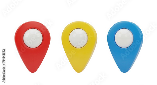 Three colorful 3d map pin icons isolated on transparent background