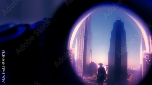 Futuristic Cityscape View Through Lens with Silhouetted Figure
