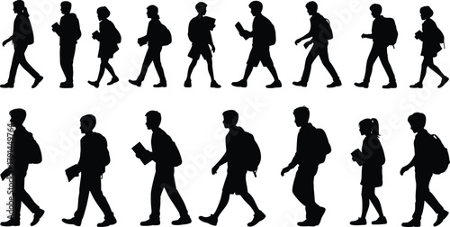 Student silhouettes walking, school commute vector, backpack kids in motion, educational lifestyle, urban pedestrian design, black figures on white background