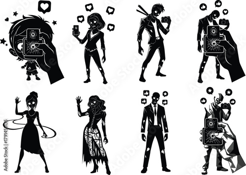 Stylized human figures with smartphones, social media influence, digital culture concept, black and white vector art, emotional expression, modern identity design