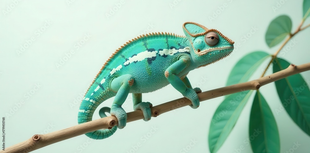 Fototapeta premium A vibrant turquoise chameleon gracefully perched on a slender branch, amidst lush green foliage, showcasing its remarkable color-changing ability and unique physique.