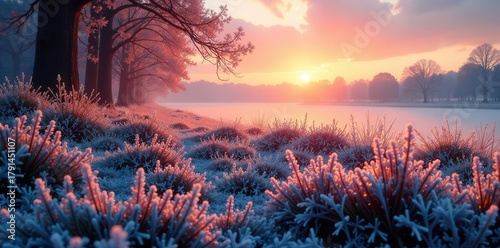 Serene Winter Sunrise Over a Tranquil Waterway, Frost-Kissed Plants Glowing in the Golden Hour Light