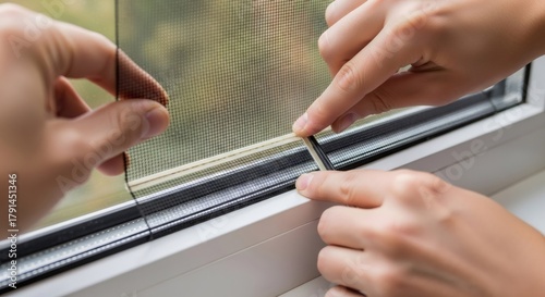 Woman fixing mosquito net on window frame, concept of home maintenance and pest protection for a house or apartment.