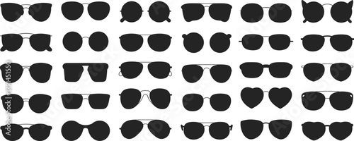 Sunglasses silhouette vector collection, various eyewear designs and shapes, stylish fashion accessory set, black sunglasses icons, modern eyewear illustration isolated on white background