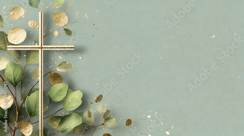 un fondo color claro con espacio de copia con hojas de ramas secas decorando con una cruz de madera blanca elegante para invitacion de evento o diseño 