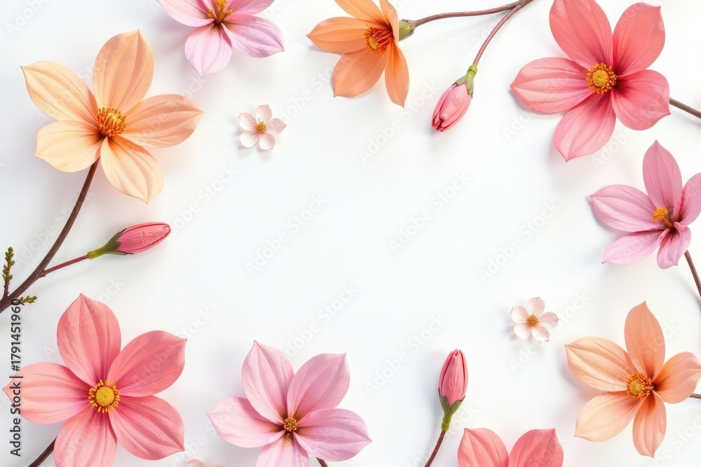 Naklejka premium Delicate Peach and Pink Blossoms Arranged in a Frame on White Background