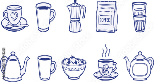 Coffee and Tea Collection Hand-Drawn Illustration | Variety of Hot Beverages, Moka Pot, Teapots and Coffee Bag for Menu Design, Cafe Branding, and Drink-Themed Creative Projects