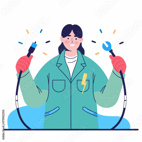 Woman electrical engineer with jacket connecting cables illustration