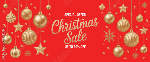 Christmas sale banner template, black background with golden glitter details, snowflakes, shining stars, and stylish calligraphy, ideal for seasonal marketing, winter sales, online store promotions.