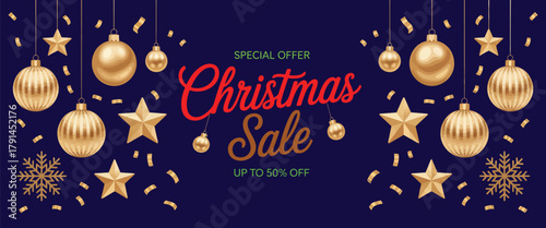 christmas sale banner  background, black elegant template with glitter gold elements, snowflakes, stars, and luxury calligraphy, perfect for winter discounts, festive promotions.