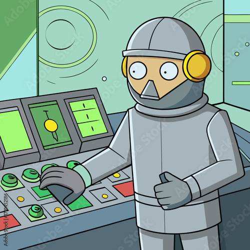 Engineer in protective suit operating a control panel