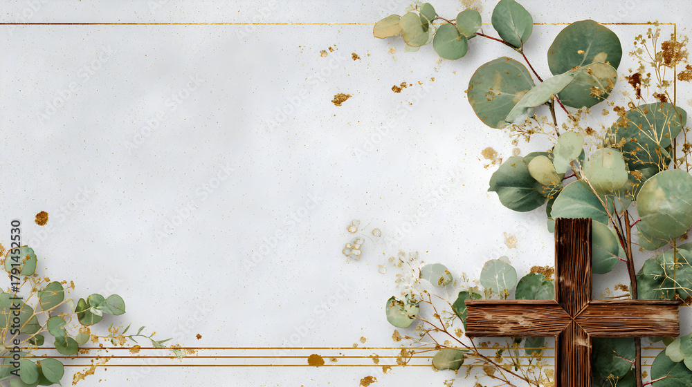 Naklejka premium un fondo con espacio de copia para invitacion o tarjeta con un marco dorado con una cruz de madera y hojas decorativas de eucalipto