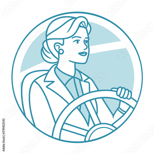 Woman in a car driving with a steering wheel vector icon