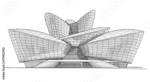 Conceptual architectural sketch showing multilayered petal-like forms creating a sculptural geometric building structure.