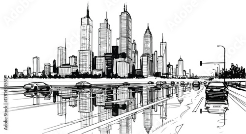 Urban street-level sketch featuring tall buildings, reflective wet ground and layered modern city perspective.