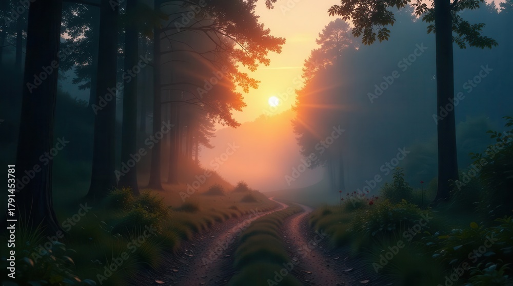 Obraz premium Serene Sunrise Path Through a Misty Woodland, Where Sunlight Illuminates a Winding Dirt Road