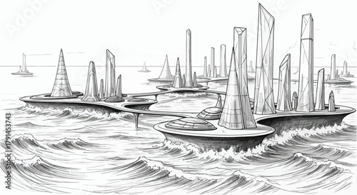 Energetic nautical sketch of futuristic sailboats gliding across textured waves with expansive open sea horizon.