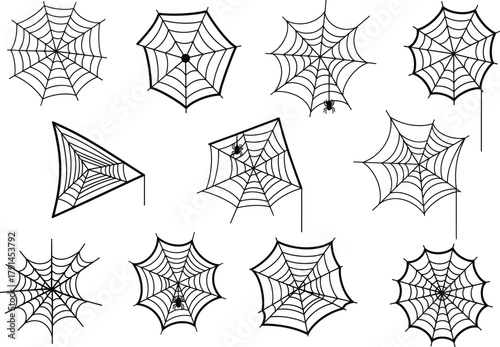 Spider web collection vector illustration, Halloween spiderweb set, spooky web pattern design, creepy insect art, black cobweb silhouette, horror decoration elements