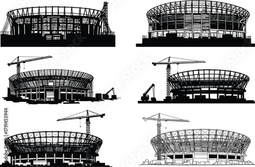 Stadium construction stages, architectural development, crane machinery, engineering progress, vector illustration of sports arena building process, black and white sketch design