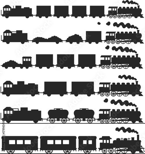 Steam train silhouette vector collection, vintage locomotive and railway wagons set, black transportation icons, retro travel design for railway illustration and decoration