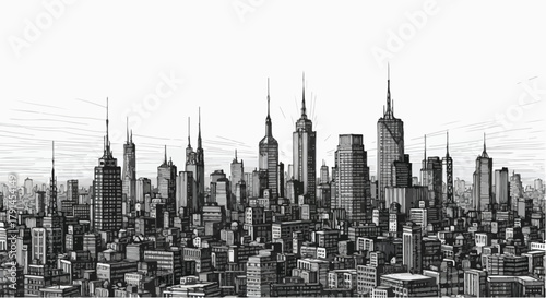 Wide city skyline sketch featuring clustered tall towers forming rhythmic vertical patterns in a dense urban structure.