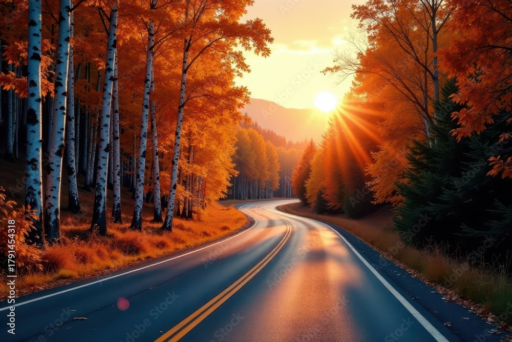 Obraz premium Autumnal Road Trip A Winding Asphalt Path Through a Canopy of Vibrant Orange and Gold Leaves at Sunset