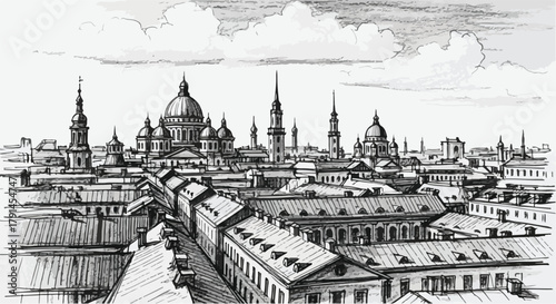Historic architectural cityscape sketch with domes, rooftops and layered riverbank structures forming classical panoramic view.