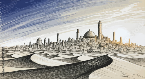 Futuristic panoramic city sketch with sweeping curved foreground elements leading toward distant illuminated skyline structures.