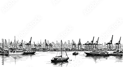 Harbor sketch with ships, cranes and layered water reflections forming an industrial maritime landscape in monochrome.