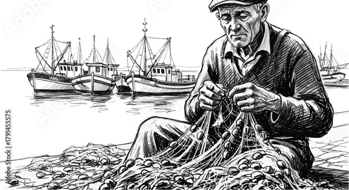 Monochrome portrait sketch of elderly fisherman repairing nets with expressive textured lines and maritime atmosphere.
