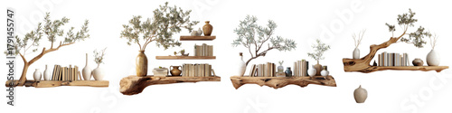 Rustic wooden shelves adorned with books, olive branches, and vases create a warm, inviting ambiance that adds a touch of nature to any home decor