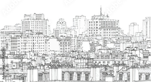 Dense hand-drawn city block sketch with layered buildings and tight architectural details forming compact urban scenery.