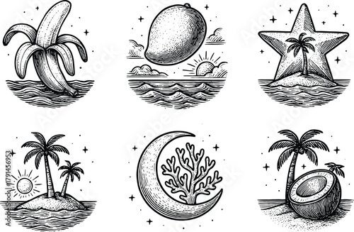 Hand-drawn tropical vintage illustration set with banana mango starfish palm trees moon coral and coconut beach scene