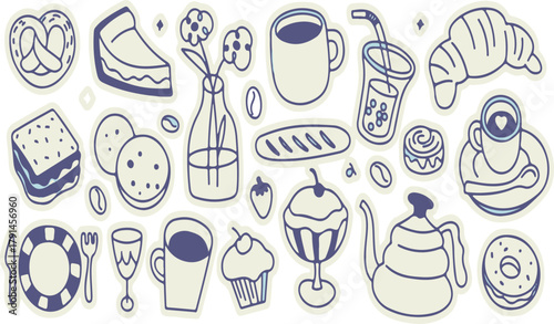Food and Drink Doodle Icons: Coffee, Pastries, and Sweets Vector Illustration | Cute Hand-Drawn Graphics for Cafe Menu, Recipe, and Social Media Design