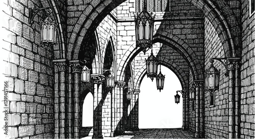 Arched stone passageway sketch with textured brick patterns, lanterns and deep interior medieval atmosphere.
