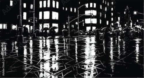 Nighttime urban street sketch with glowing reflections on wet pavement forming dramatic high-contrast city atmosphere.