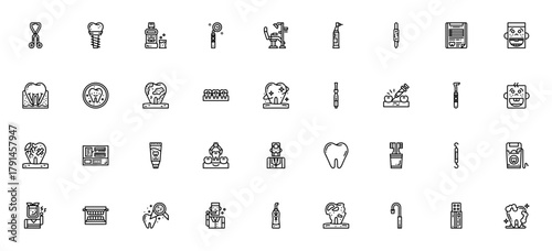 Dental icon set. Medical vector illustrations. Featuing dentist tools, teeth, mplant, toothbrush, toothpste, smile, checkup and moe. Editable stroke.