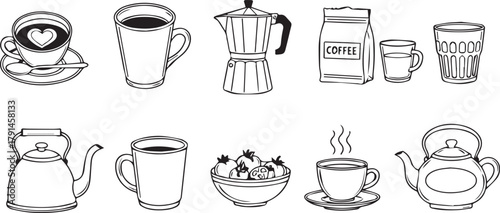 Collection of Black and White Outlined Coffee and Tea Vessels | Vector Illustration of Mugs, Pots, and Coffee Bag for Cafes and Drinkware Design