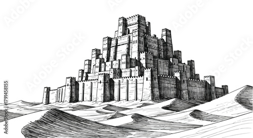 Conceptual city sketch with stacked geometric structures rising from flowing terrain creating surreal architectural topography.