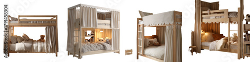 Cozy Wooden Bunk Beds with Curtains for Kids' Bedrooms, Creating a Dreamy and Playful Space for Rest and Imagination, Ideal for Interior Design Projects