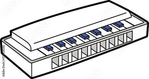 Harmonica illustration, musical instrument, blues music, folk sound, portable device, wind instrument, keys, reeds, concept art, stylized design, music tool, sound creation, artistic render, 