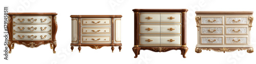 Elegant vintage chest of drawers collection perfect for adding a touch of luxury to your interior design project or creating a stylish atmosphere in a furniture catalog
