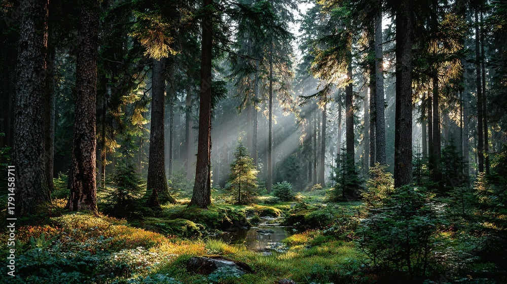 Fototapeta premium Forest with tall trees and sun rays shining through the canopy.