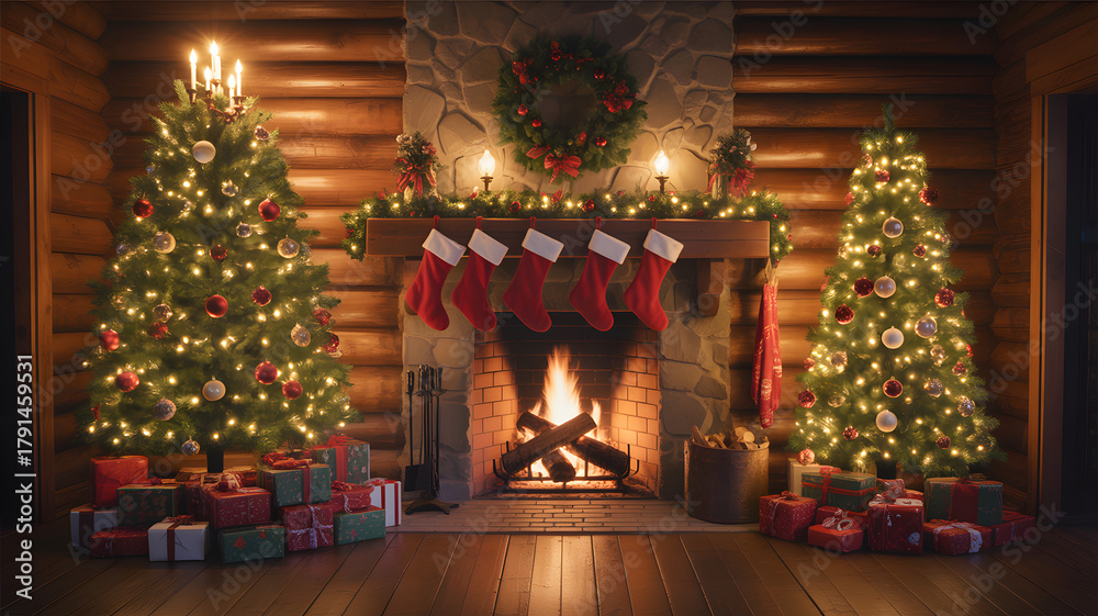 Fototapeta premium Cozy log cabin interior with a roaring fireplace, decorated christmas trees, and gifts, creating a warm holiday atmosphere
