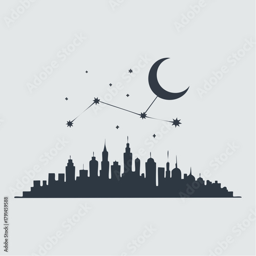Cityscape with Moon and Stars.