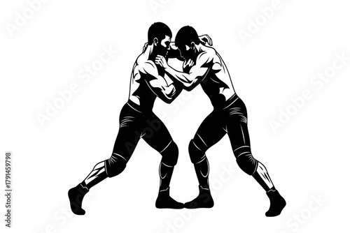 Two powerful athletes locked in intense wrestling match, showcasing strength and determination