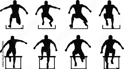 Hurdle jump silhouette, athletic motion, sports sequence, dynamic movement, track training, jumping form, fitness action, biomechanics, sprint technique, motion study