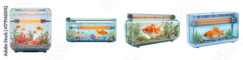 Delightful collection of aquariums showcasing vibrant goldfish and serene aquatic environments, perfect for pet lovers and showcasing underwater life in captivating ways