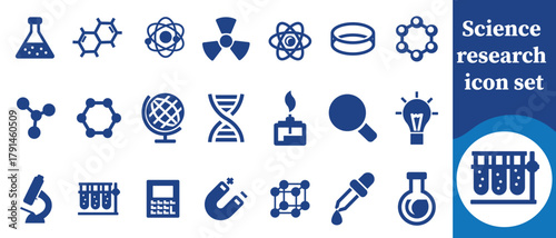 Science research icon set, science research, laboratory, experiment, microscope, test tube, beaker, chemical reaction, DNA helix, molecule, atom, physics, biology, chemistry and more