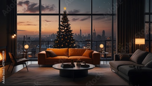 Living room with christmas tree in the middle room and view city.